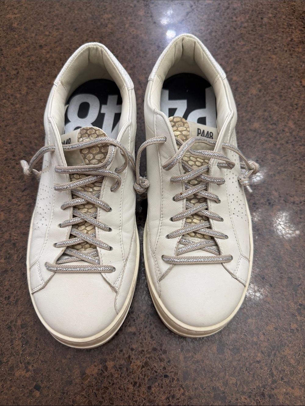 P448 Women's Cream Leather Sneakers with Taupe Laces